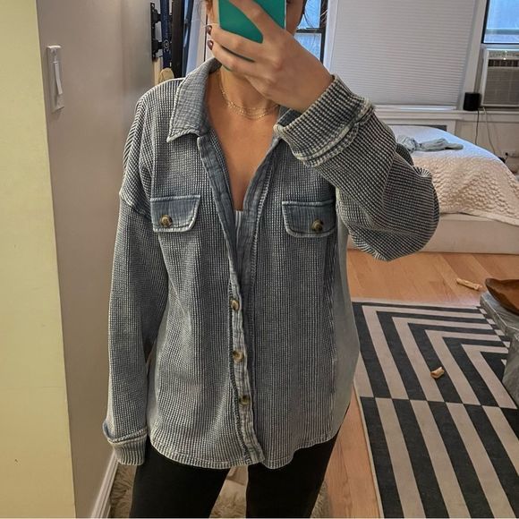 Le Lis Sweaters - Le Lis Blue-Grey Waffle Knit Button-Up Cardigan